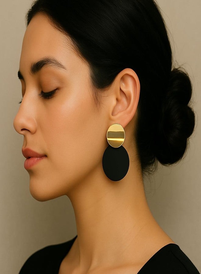 ZENCHEER Round Curved Clip On Earrings Women, Lightweight Statement Gold Black Discs Dangle Drop Earrings for Non Pierced Ears Jewelry Gift (Gold & Black) - Image 2